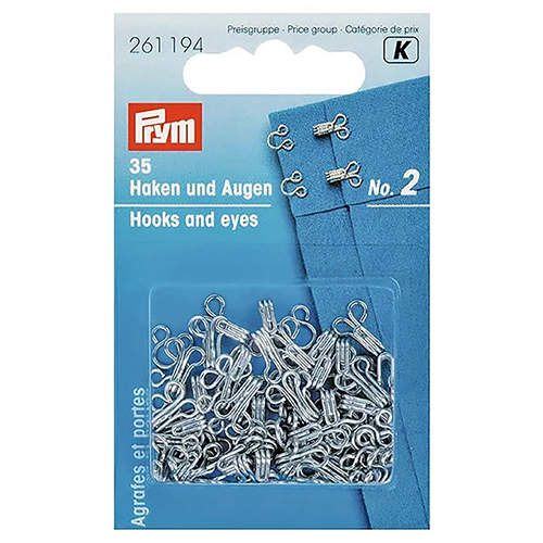Hooks & Eyelets, Size 2 - SILVER Color - for Fastening Pants, Skirts, and Lingerie (35 pcs) PRYM # 261194