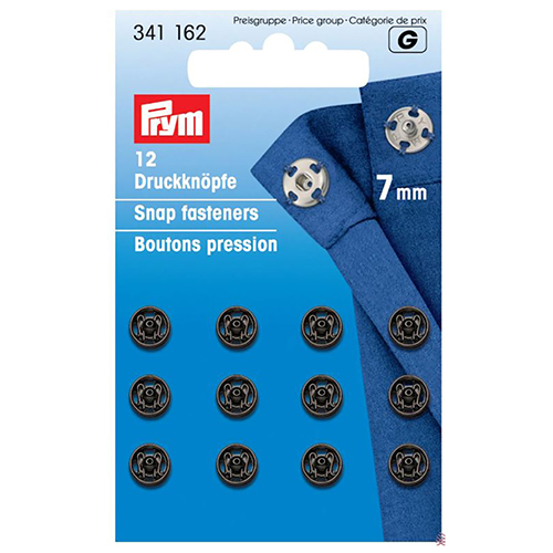 Black Brass Sew-on Snap Fasteners Ø 7mm with Fixing Hole (12 pcs) PRYM # 341162